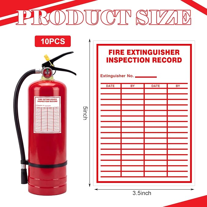 10 Pcs Fire Extinguisher Inspection Record Labels - 3.5" x 5" Fire Adhesive Vinyl Safety Stickers for School Office, and Home, Industrial (Blank Date & by Log)