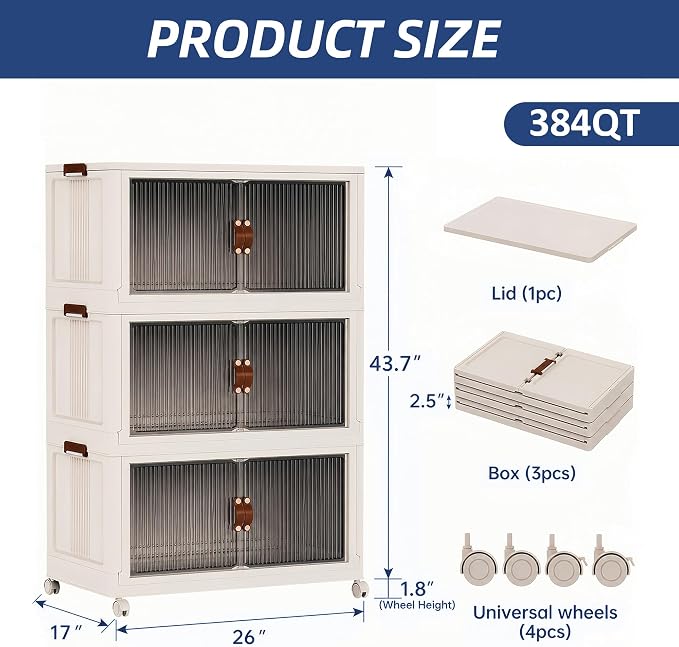 SAILUN 348Qt Stackable Storage Bins,Storage Cabinet a Lid,3Pack Blush White | Stackable Storage Drawers with Lids,26" W x 17" D x 43.7" H,Featuring open-front Access for Clothes and Closet Storage