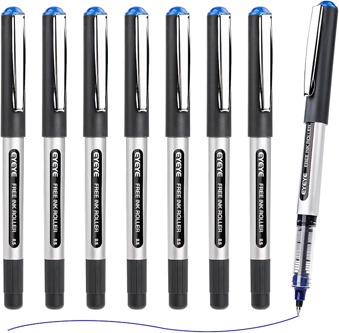 EYEYE Blue Rollerball Pen Pack of 8, 0.5mm Extra Fine Point Roller Ball Pen | Back to School Essential, Quick Drying, Liquid Ink Pens Fine Point Smooth Writing Pen for Journaling, Office Supplies
