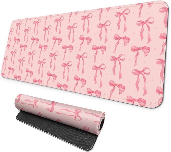 MAY FLOWER Gaming Mouse pad, Large Laptop Mousepad, Full Keyboard Mat, Long Computer Mouse Mat for Home and Office, Anti-Slip Rubber Base, 31.5 x 11.8 Inches (Pink Bow)