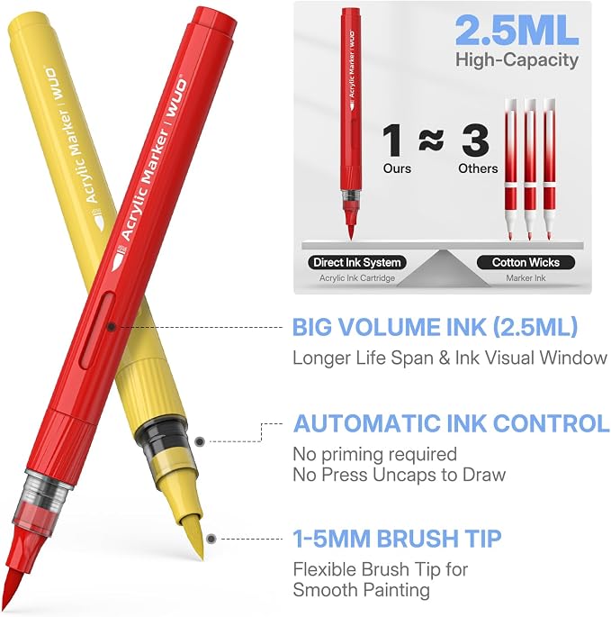 WUO 60 Colors Acrylic Paint Markers Brush Tip with Automatic Ink Control | Water-based, no-bleed, waterproof acrylic paint pens for rock, wood, canvas, glass, ceramic, fabric and DIY crafts