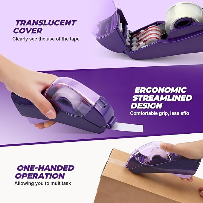 Saillong 2 Pack Automatic Tape Dispenser, All Inclusive Handheld Packaging Tape Dispenser Gun for Gift Wrapping, DIY Projects, Easy to Cut & Safe, Purple