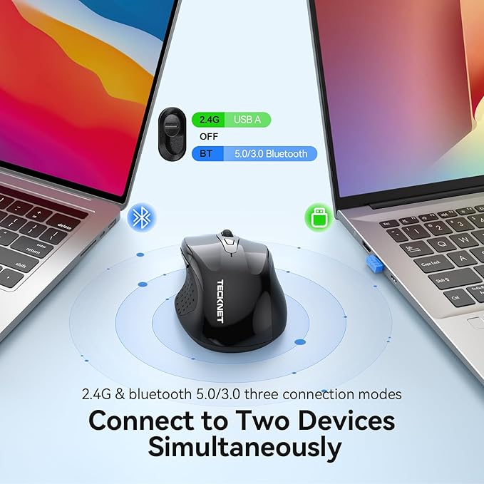 TECKNET Rechargeable Jiggler Wireless Mouse (BT5.0/3.0 & 2.4G) 4800 DPI Silent USB A & Bluetooth Mouse 6 Buttons, Wide Compatibility - Black