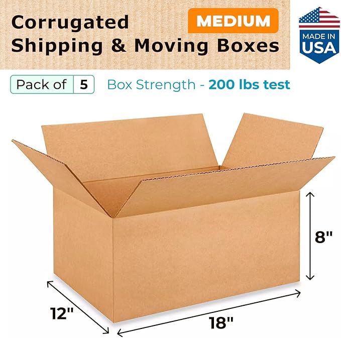 Medium Moving & Shipping Boxes 18 x 12 x 8 inches (5-Pack) - Extra Strength 200 lb vs Regular - USA-Made Corrugated Durable Cardboard Moving Boxes - Packaging & Moving Box Heavy Duty by IDL Packaging