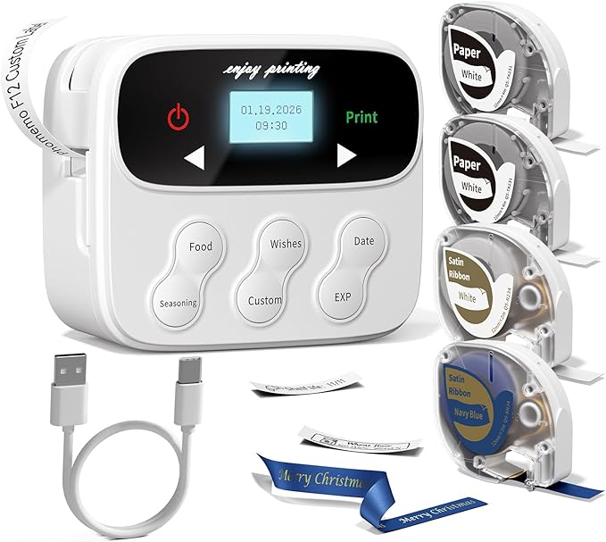 Phomemo Ribbon Label Printer, Kitchen Magnetic Label Maker Machine with 4 Tapes F12 Handheld Rechargeable Backlit-LCD Screen Labeler One-Click Print Date for Home Food School Gift Wrapping Fridge