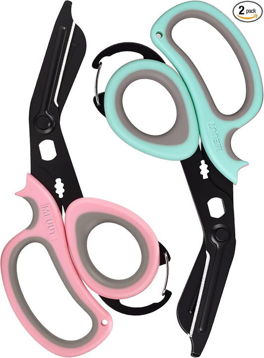 MEUUT All Purpose Scissors 2 Packs with Carabiner for Kitchen Outdoor | 7.5-inch heavy duty all purpose, Ambidextrous, micro-serrated stainless steel blades, integrated O2 wrench, soft rubber grip
