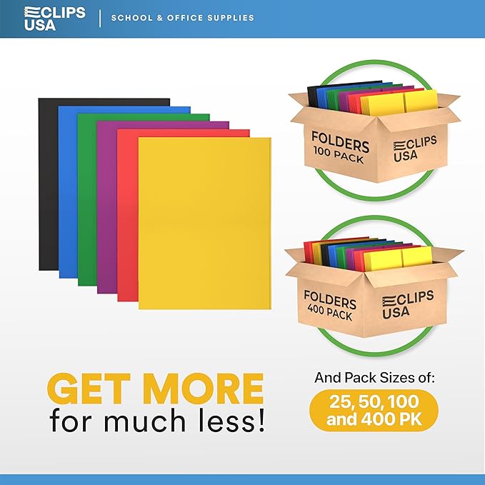 Folders, Folders with Pockets, 2 Pocket Folders, Folders with Pockets Bulk, Holds 100 Sheets (50 per Pocket), Assorted Colors, Office Or School (25)