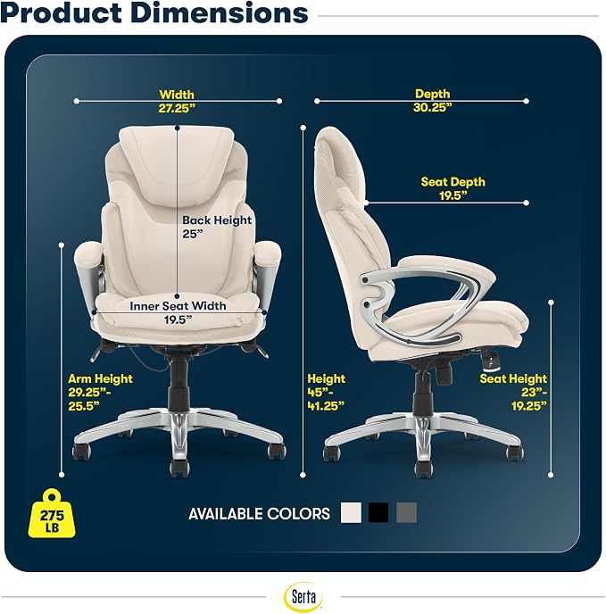 Serta Bryce Executive Office Chair - Ergonomic Computer DeskChair with Lumbar Technology - Adjustable Height - Memory Foam Body Pillows - 360° Swivel Rolling Base - Bonded Leather - Cream