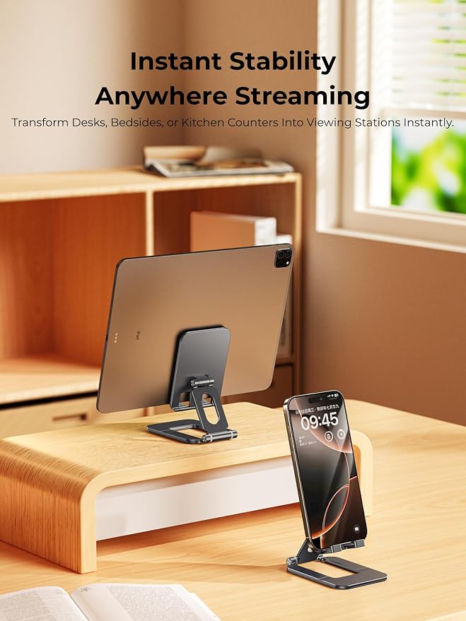 Adjustable Foldable Phone Stand for Desk, Premium Aluminum Cell Phone Holder, Portable Multi-Angle Desktop Stand Compatible with iPhone, Galaxy, iPad, Tablets & All Smartphones