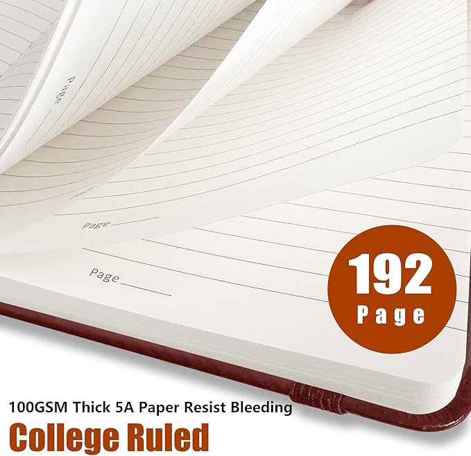 Lined Journal Notebook, A5, 192 Pages 100 GSM Thick Paper, Hardcover Leather College Ruled Journal for Writing, Men Women, Journaling, Daily, Work, Office, Home School Business(Burgundy)