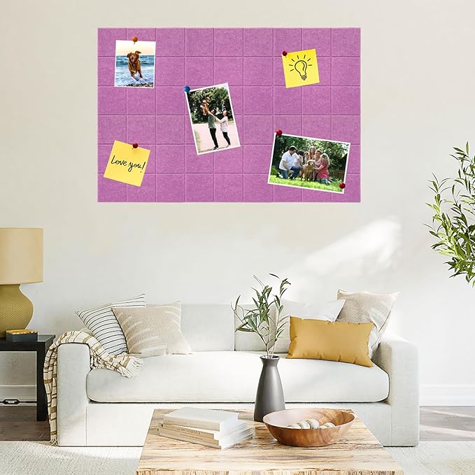 Large Square Felt Cork Board Tiles, Self Adhesive DIY Felt Bulletin Board with 35 Pushpins for Office School Home Wall Decor Stickers Memos Photos (Light Purple)