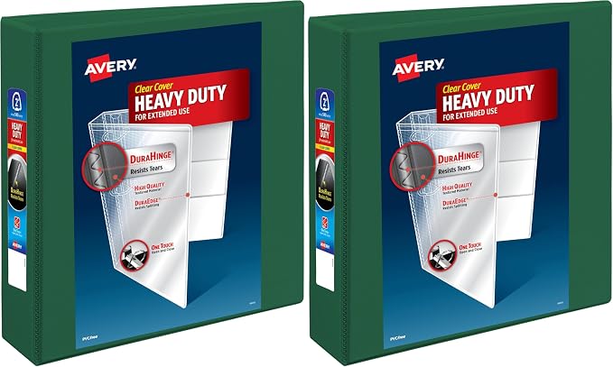 Avery Heavy-Duty View 3 Ring Binder, 2 Inch One Touch EZD Rings, 540-Sheet Capacity, 2.8 Inch Wide Spine, Customizable Clear Cover and Spine, 1 Green Binder (79683) (Pack of 2)