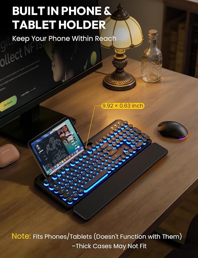 Wireless Keyboard and Mouse, Backlit Typewriter with Magnetic Wrist Rest | Phone Holder, Light Up Round Keycaps, Lighting Mouse, 2.4GHz Cordless Set for Mac, Windows, PC, Laptop, SABLUTE
