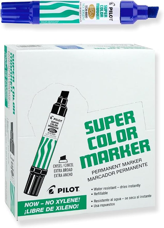 PILOT Super Color Jumbo Permanent Markers, Xylene-Free Blue Ink, 12-Pack