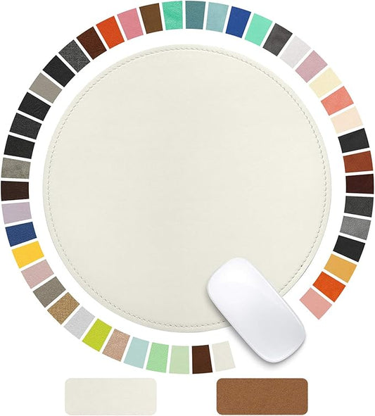 Mouse Pad，Round Mouse Pad，PU Mouse Pad，Leather Mouse Pad with Stitched Edge Micro-Fiber Base with Non-Slip Waterproof，Mouse Pad for Computers，Laptop，9 x 9 Inch (White)