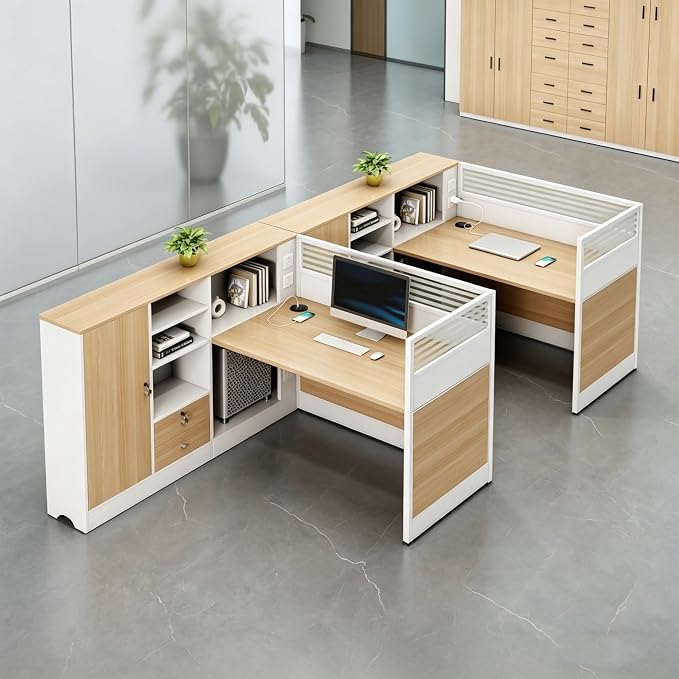 Modern Office Workstation Desk with Side Storage Cabinet, Tempered Glass Privacy Panels, USB Charging Hub & Cable Management, Modular Cubicle Desk for Office Work (D - Left, 2P-A)