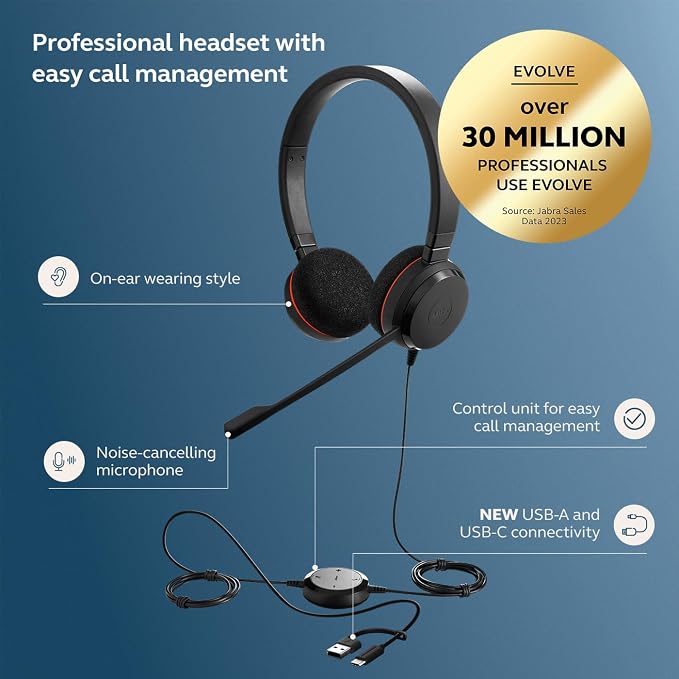 Jabra Evolve 20 Wired Headset (2025 Edition) with USB-A/USB-C, Black | Dual-Ear Design for Office and Home, In-Line Call Controls, Certified for Microsoft Teams, Comfortable Fit for All-Day Use