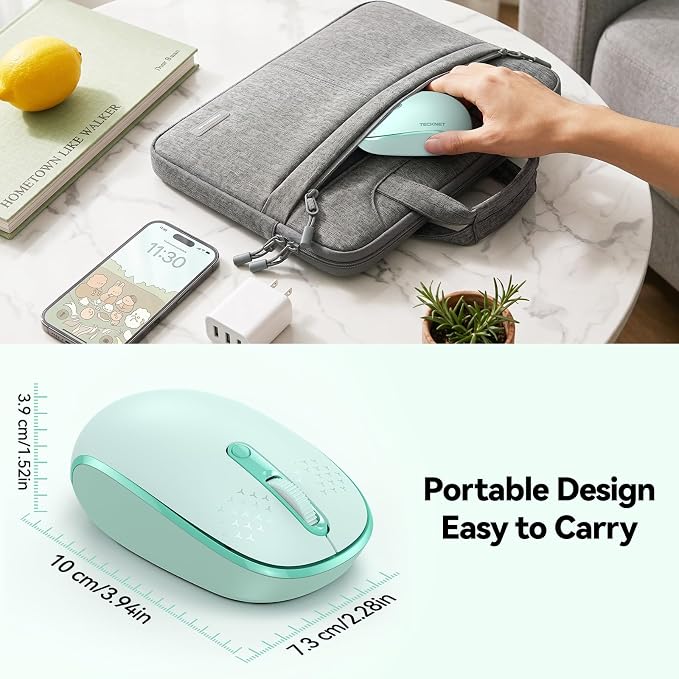 TECKNET Compact Ambidextrous Wireless Mouse for Laptop Mint Green | 2.4G Quiet Computer Mouse with USB Receiver, 3 Adjustable DPI Portable Cordless Mice for Chromebook, Laptop, PC, Mac
