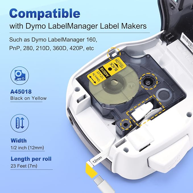 6-Pack Compatible with Dymo D1 Label Tape Black on Yellow 45018 S0720580 | Yellow Label Maker Refill d1, 1/2 Inch x 23 Ft for DYM0 LabelManager 160 420P 210D 280 360D PnP, 6-Pack