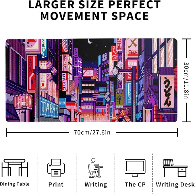 Dark Purple Japanese Gaming Mouse Pad Abstract Anime Mat 27.6x11.8 Inch Tokyo Pixel Street Texture Non-Slip Rubber Base Kawaii Mousepad Stitched Edges Keyboard Desk Pad for Office and Home Game