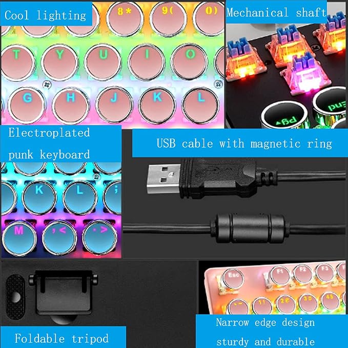 Mechanical Gaming Pink Keyboard,87 Key Retro Punk Typewriter-Style,Blue Switch RGB Backlit Keyboard,Anti-Ghosting, USB Wired, for PC Laptop Desktop Computer, for Game and Office