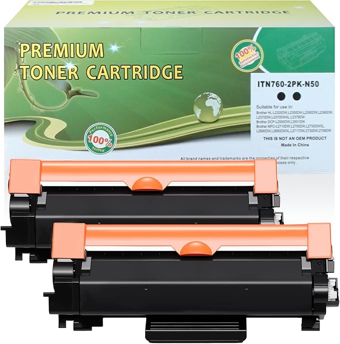 TN760 Toner Cartridge Black High Yield Replacement for Brother TN760 TN 730 TN-730/TN-760 Compatible for MFC-L2710DW DCP-L2550DW MFC-L2750DW HL-L2350DW HL-L2395DW HL-L2370DW Printer - 2 Pack