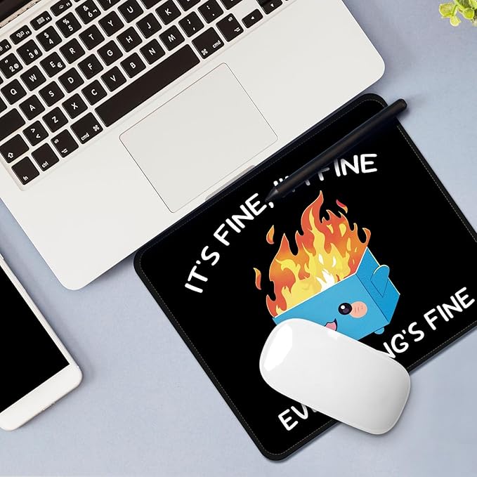Mouse Pad with Stitched Edges - Funny Mousepad for Women, 9.25 x 7.75 inch Washable Square Desk Pad, Non-Slip Rubber Base, Office Home Laptop Accessories - Blue Box on Fire