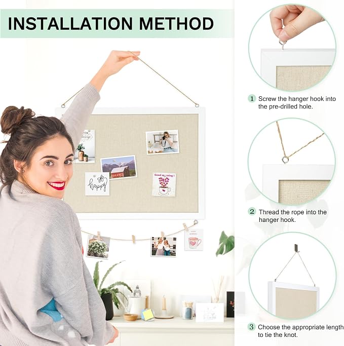 DOLLAR BOSS Double-Sided Bulletin Boards with Linen, 36"x24" Cork Board | Corkboards for Walls, Framed Pin Board, Picture Display Vision Board, For Office Home School, 20 Pushpins 10 Clips