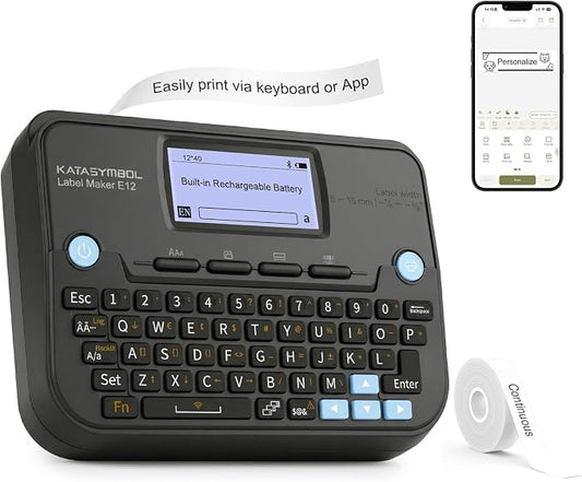 SUPVAN E12 Keyboard & Bluetooth Label Maker Machine, Black | Rechargeable, LCD Backlit Display, App with 30+ Fonts & 660+ Icons, Minimal Margin, Inkless, for School, Office, Home