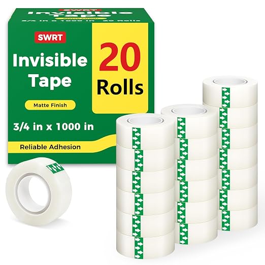 SWRT Invisible Tape Refills, 20 Rolls, 3/4 in x 1000 in, Matte Finish | Blends into Paper; Easy to Write On; Neat Paper Repairs; Quick Label Fixes; Fits Tape Dispensers; Office, School, Home