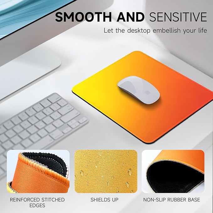 Premium Mouse Pad with Stitched Edges – 10.2 x 8.3 in | Smooth, Washable Mat with Non-Slip Base | Personalized Cute MousePads for Laptop, Computer, Office, Home (Warm Sunset Yellow-Orange Gradient)