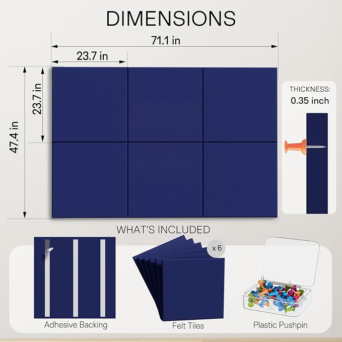MaxGear Extra Large Bulletin Board 72" x 48", Dark Blue Felt Wall Tiles | 6 Pack 23.7" x 23.7" Wall Panels, Pin Vision Board DIY Office & Home Decor, Modern Cork Board For Walls Alternative