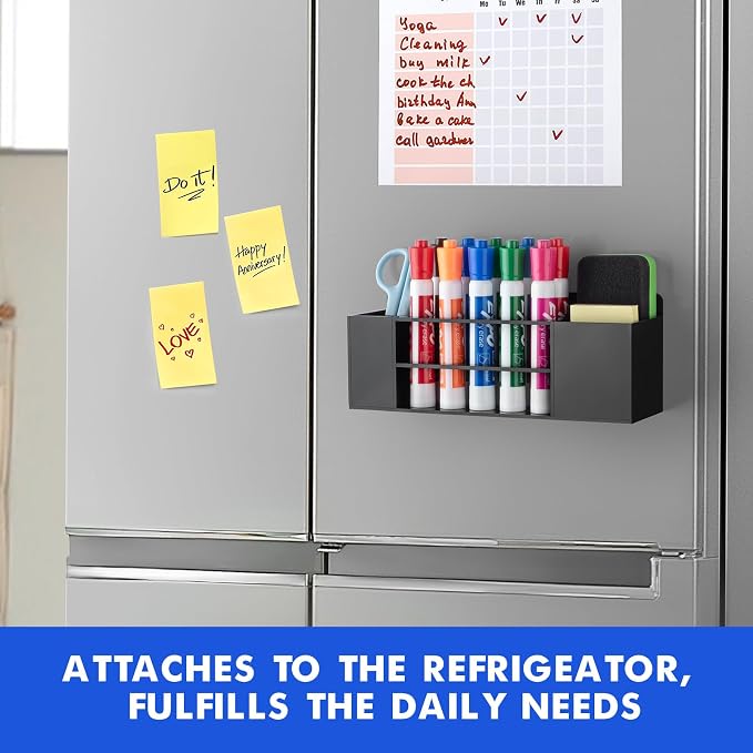 Wall Mounted Magnetic Dry Erase Marker Holder for White Board | Acylic Strong Magnet Pen Holder for Fridge&Refrigerator, Pencil Holder for Classroom, Office, Locker Organizer-Black