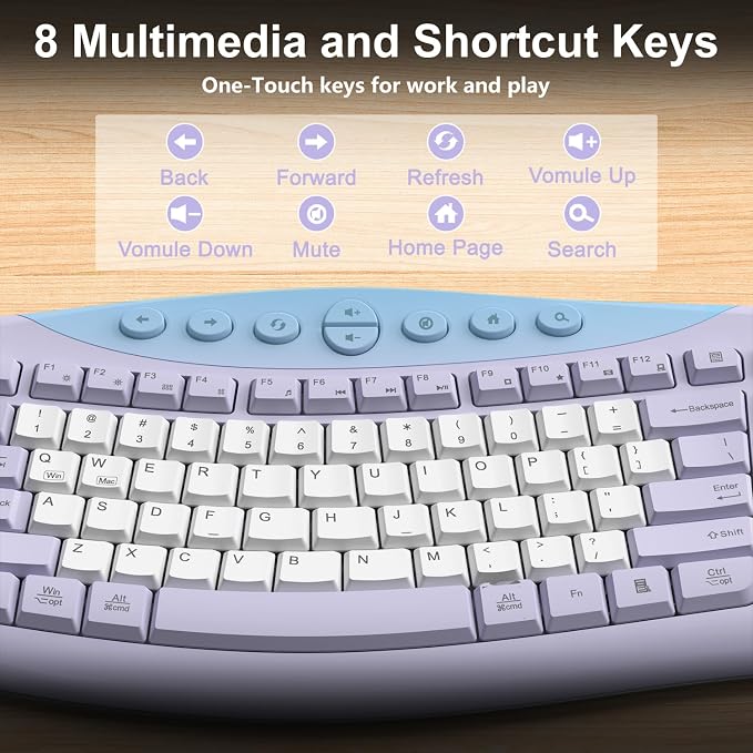 Wireless Keyboard and Mouse Combo, 2.4G Quiet Ergonomic Curved Keys (Purple-B)