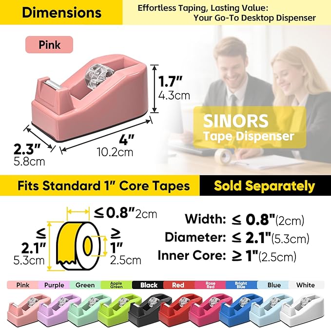 Desktop Office Tape Dispenser, Fits Standard 1-Inch Core Tapes, Weighted Non-Slip Base, Sharp Metal Blade, Smooth Cutting, Adhesive Roll Holder for Office, School, Shop, Home, Business - Pink