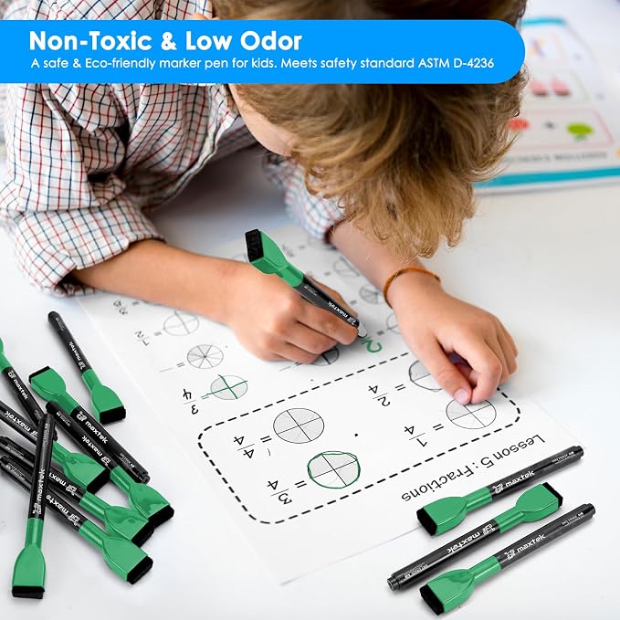 maxtek Dry Erase Markers - 6 Count Green Magnetic Dry Erase Markers Fine Tip with Eraser, Low Odor Whiteboard Markers for Calendar Boards (Pack of 2)