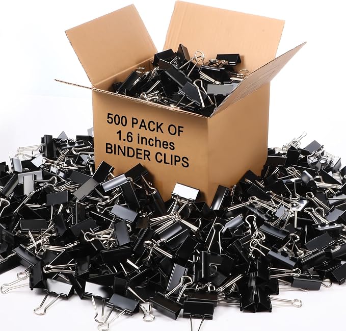 Jetec 500 Pcs Black 1.6 Inch Binder Clip Paper Clamp Metal Paper Clip | for Teachers Students Classroom Business Office and School Office Supplies