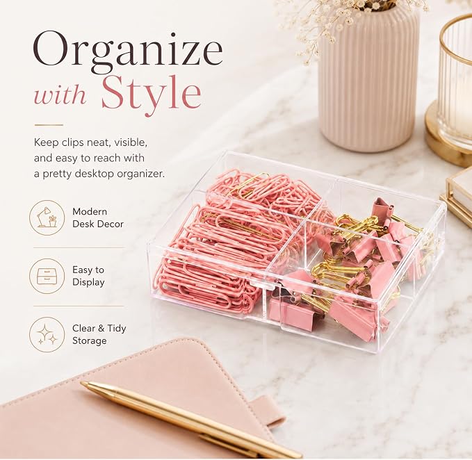 Paper Clips and Binder Clips Set, Pink & Gold, Assorted Size Clips | 165-Piece Decorative Paper Clip Set, Cute Desk Accessories for School, Home, Office, Desk, Planners and Documents, 2 Pack
