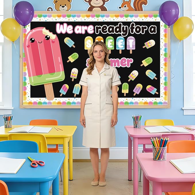 49Pcs Summer Bulletin Board Decorations Set, Popsicle Classroom Door Decoration, We are Ready for A Sweet Summer Ice Pop Paper Cutouts for Back to School Office Chalkboard Home Wall Decor