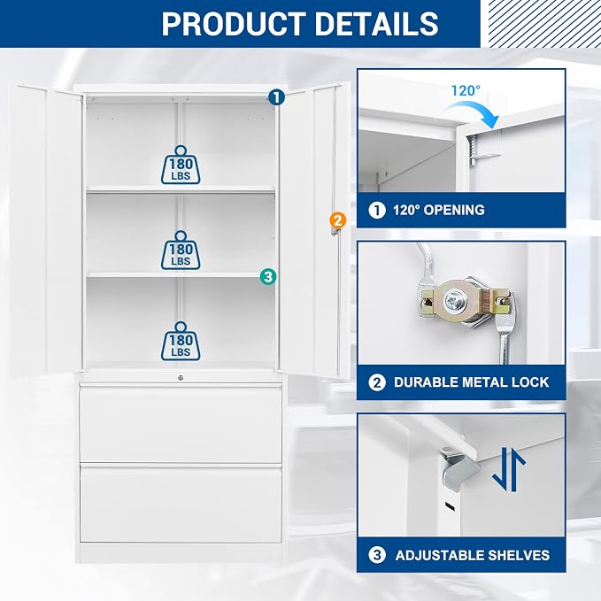 Fesbos Metal Steel Cabinets with 2 Lockable Lateral File Cabinets and Doors, Steel Metal Filing Lockers for Home Office Hanging Files Letter/Legal/F4/A4 Size
