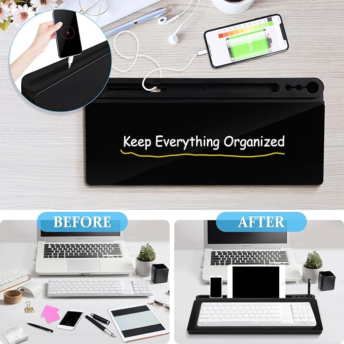DOLLAR BOSS Glass Desk Whiteboard Small Dry Erase Board, All Black | Desktop White Board with Storage Drawer, Computer Keyboard Stand, Desk Organizer, Office Supplies, With Markers, Rag