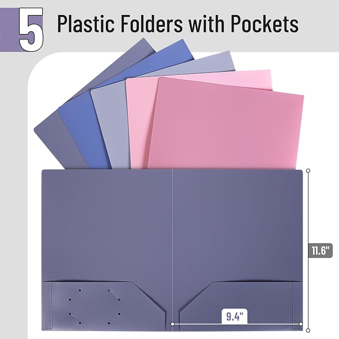 Mr. Pen- Plastic Folders with Pockets, 5 pcs | Aesthetic File Folder with Business Card Slot, 2-Pocket Folder, Back to School, Office, Filing Supplies