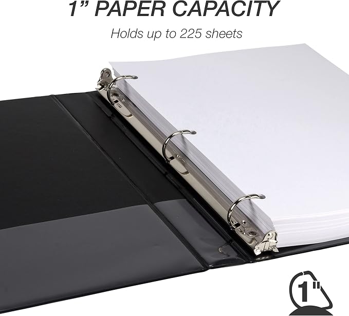 Samsill Durable 1 inch 3 Ring Binder, D Ring Binder, 100% Recycled Chipboard, Black, 24 Pack - Bulk