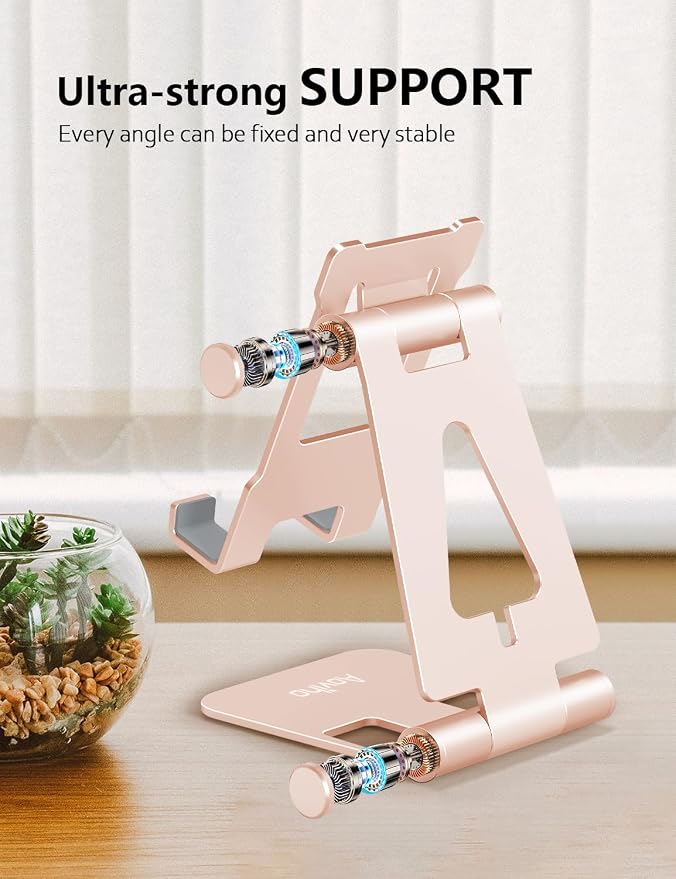 Aoviho Foldable Cell Phone Stand for Desk, Holder for iPhone,Rose Gold | Folds Flat for Easy Storage, Hands-Free Viewing, Fits iPhone 17/16/15 Series & Samsung Galaxy, Ideal for Office & Home