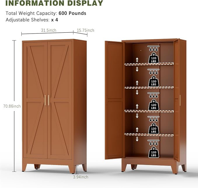 COFaR 5 Tier Metal Kitchen Storage Cabinets, 71" Pantry Cabinet with Doors and 4 Adjustable Shelves, Farmhouse Tall Cabinet for Pantry, Laundry Room,Living Room,Dinning Room (Antique Copper)