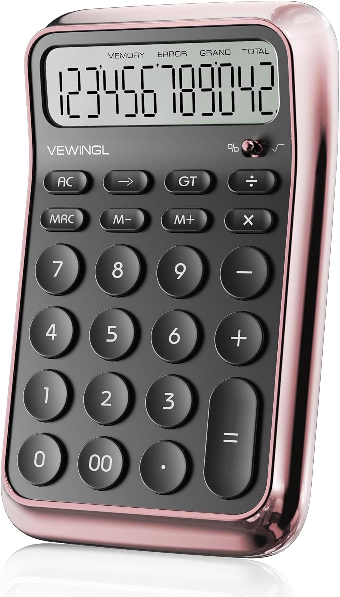 VEWINGL Desktop Calculator, 12 Digit HD Display with% Key | Metallic Vacuum-Plated Surface, Great for Office, School, or Home (Pink Chrome, Non-Voice)