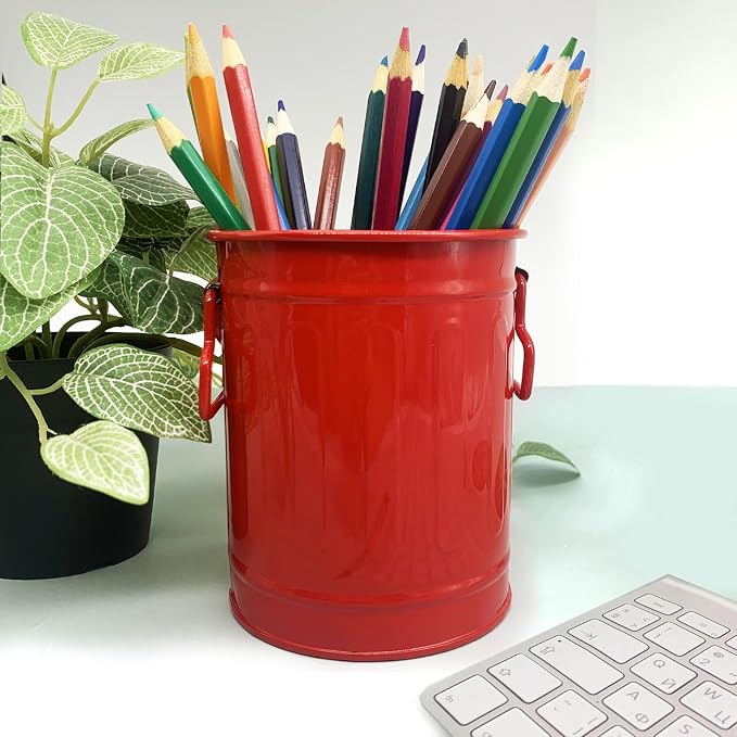 Desk Pen Holder, 2 Pack Metal Pencil Holder for Desk, Desk Organizer with Handle, Makeup Brush Holders, Pencil Cup, Desktop Storage Organizer for Office, School, Home (Green, Red)