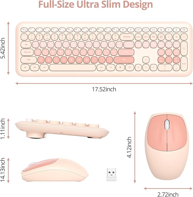 Surmen Cute Colorful Keyboard and Mouse Wireless Silent, Full-Size Retro Typewriter Wireless Quiet Slim Keyboard Low-Noise 2.4GHz for Computer, Desktop, Laptop(6-Diary Beige)