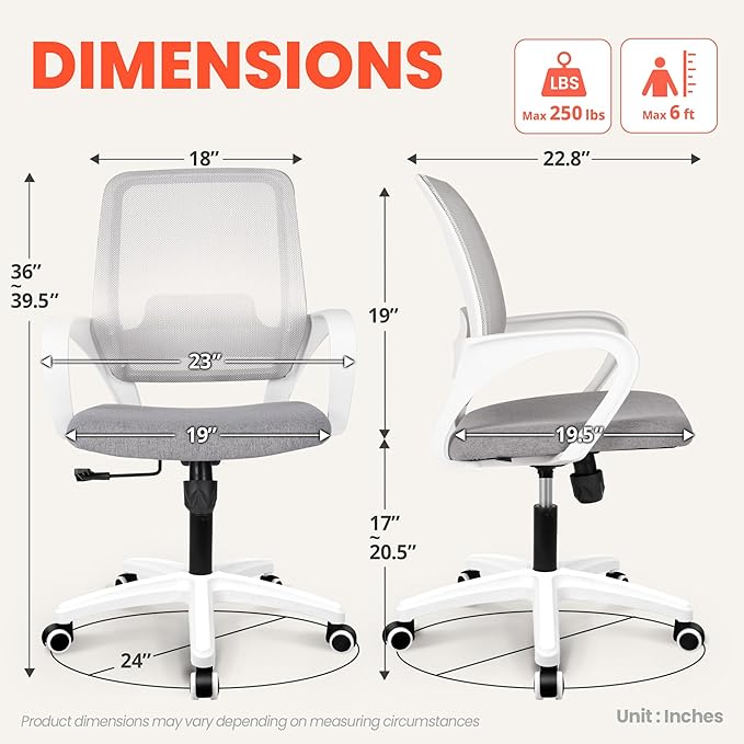 NEO Chair Office Desk Ergonomic Mesh Computer Chair with Lumbar Support Adjustable Height Swivel Rolling Wheels Comfy Mid Back Task Chair for Home Bedroom Vanity Study (Grey)