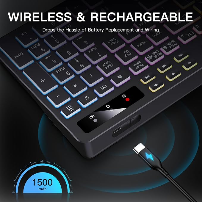 Soueto Wireless Keyboard with 7-Color RGB Backlit, Full-Size Computer Keyboard with Phone Tablet Holder, 2.4G Rechargeable Gaming Keyboard with Light Up Keys, Compatible with Mac, Windows (Black)
